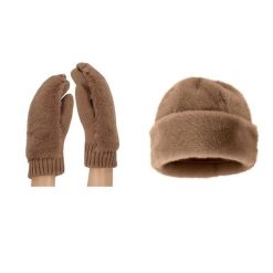 Damskie rękawiczki Teddy i czapka puchowa, rozmiar uniwersalny, kolor taupe. Brązowe czapki damskie SARLINI, na zimę, bez wzorów, z materiału. Za 186.35 zł.