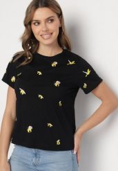 Czarny T-shirt z Bawełny Ozdobiony Haftem Hiraviel. Czarne t-shirty damskie Born2be, m, bez wzorów, z bawełny, bez kołnierzyka. Za 84.99 zł.