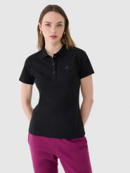 4F Koszulka polo slim damska - czarna XS. Czarne bluzki damskie 4F, xs, bez wzorów, z bawełny, bez kołnierzyka, bez ramiączek. Za 89.99 zł.