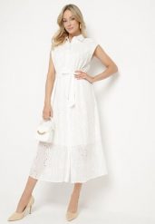 Biała Haftowana Sukienka Koszulowa z Bawełny z Paskiem Eleasilla. Białe sukienki damskie Born2be, z aplikacjami, z bawełny, eleganckie, bez ramiączek. Za 149.99 zł.