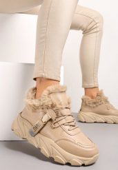 Ciemnobeżowe Sneakersy Przed Kostkę na Płaskiej Grubej Podeszwie z Ociepleniem ze Sztucznego Futerka Borrolla. Brązowe obuwie sportowe casual damskie Renee. Za 109.99 zł.
