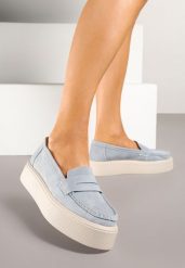 Jasnoniebieskie Mokasyny Skórzane na Platformie w Stylu Półbutów Sadawene. Niebieskie mokasyny damskie Renee, bez obcasa. Za 159.99 zł.