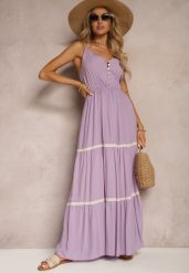 Fioletowa Sukienka Zapinana na Guziki na Ramiączkach z Gumką w Talii i Falbanką Tiamalia. Fioletowe sukienki damskie Renee, bez wzorów, eleganckie, bez ramiączek. W wyprzedaży za 39.99 zł.