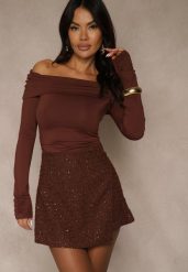 Brązowe Cekinowe Spódnico-Szorty z Wełną Fedalia. Brązowe szorty damskie Renee, z aplikacjami, z wełny. Za 129.99 zł.