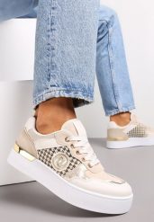Beżowe Sznurowane Sneakersy na Grubej Podeszwie z Ozdobną Wstawką Minsa. Brązowe obuwie sportowe damskie Renee, bez zapięcia. Za 89.99 zł.