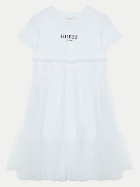 Guess Sukienka elegancka J5RK18 K6YW0 Biały Regular Fit. Białe sukienki dziewczęce Guess, z aplikacjami, z bawełny, bez ramiączek, proste. Za 179.99 zł.