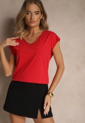 Czerwony T-shirt z Bawełny Ozdobiony Koronką Ralienne. Czerwone t-shirty damskie Renee, l, bez wzorów, z bawełny, bez kołnierzyka. Za 44.99 zł.