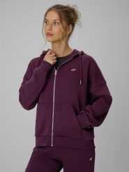 4F Bluza dresowa loose z kapturem damska - fioletowa XS. Fioletowe bluzy damskie 4F, xs, bez wzorów, z dresówki, z kapturem. Za 159.99 zł.