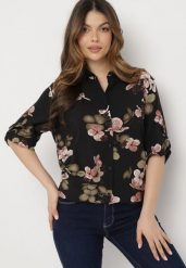 Czarno-Beżowa Koszula z Bawełny i Wiskozy z Rękawami 3/4 w Kwiaty Milkera. Czarne koszule damskie Born2be, l, bez wzorów, z bawełny, bez kołnierzyka, bez ramiączek. Za 69.99 zł.