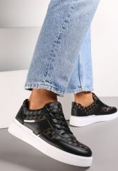 Czarne Sneakersy na Grubej Podeszwie z Wzorzystą Cholewką z Błyszczącą Nitką Jaile. Czarne obuwie sportowe damskie Renee, bez zapięcia. Za 69.99 zł.