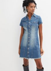 Sukienka dżinsowa z guzikami. Niebieskie sukienki damskie bonprix, bez wzorów, bez ramiączek. Za 169.99 zł.