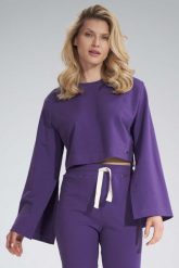 Krótka Bawełniana Bluza z Szerokim Rozciętym Rękawem - Fioletowa. Fioletowe bluzy damskie Figl, s, bez wzorów, z bawełny, bez kaptura. Za 209.00 zł.
