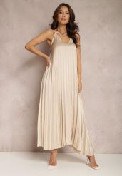 Beżowa Sukienka Ianima. Brązowe sukienki damskie Renee, bez wzorów, z satyny, eleganckie, bez ramiączek. W wyprzedaży za 83.99 zł.