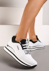 Biało-Czarne Sneakersy na Grubszej Podeszwie ze Sznurowaniem z Metaliczną Wstawką Zosemia. Białe obuwie sportowe damskie Born2be, z materiału, bez zapięcia. Za 89.99 zł.