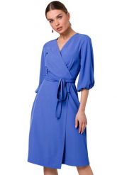 Sukienka elegancka kopertowa z bufiastymi rękawami niebieska. Niebieskie sukienki damskie Stylove, bez wzorów, biznesowe, bez ramiączek. Za 349.00 zł.