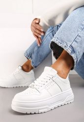 Białe Sneakersy z Ekoskóry na Grubej Podeszwie z Ozdobnymi Wstawkami Sarnei. Białe obuwie sportowe damskie Renee, z materiału, bez zapięcia. Za 89.99 zł.