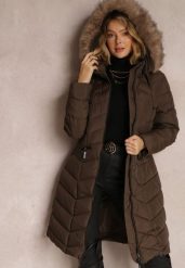 Brązowa Kurtka do Kolan Pikowana z Kapturem Vasusa. Brązowe kurtki damskie Renee, na zimę, l, bez wzorów, z jeansu, z kapturem. Za 219.99 zł.
