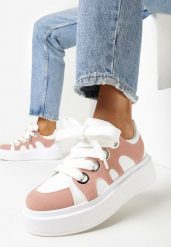 BIało-Różowe Sneakersy na Grubej Podeszwie Jorisa. Białe obuwie sportowe damskie Born2be, na lato, z jeansu, bez zapięcia. Za 109.99 zł.