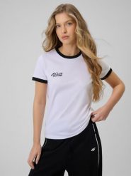 4F T-shirt regular z nadrukiem damski - biały L. Białe t-shirty damskie 4F, l, bez wzorów, z dzianiny, bez kołnierzyka. W wyprzedaży za 49.99 zł.