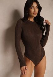 Brązowe Klasyczne Body z Wiskozą Zdobione Wzorem Liści Ravilora. Brązowe body i gorsety Renee, z aplikacjami, z jeansu. Za 74.99 zł.
