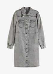 Krótka sukienka jeansowa. Szare sukienki damskie bonprix, bez wzorów, z denimu, bez ramiączek. Za 229.99 zł.