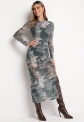 Ciemnozielona Dopasowana Sukienka Maxi w Fantazyjny Print Sartine. Zielone sukienki damskie Born2be, z aplikacjami, bez ramiączek. Za 84.99 zł.