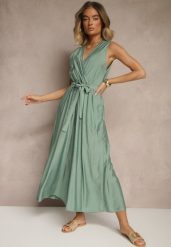 Zielony Kombinezon Taliowany z Wiskozą Ozdobiony Paskiem Evintria. Zielone sukienki damskie Renee, bez wzorów, z wiskozy, eleganckie, bez ramiączek. W wyprzedaży za 63.99 zł.