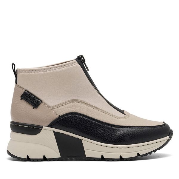 Botki Rieker. Brązowe botki damskie Rieker, bez obcasa, na koturnie, bez zapięcia. Za 329.99 zł.