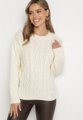 Jasnobeżowy Sweter z Wełną Ściągaczem i Tłoczeniem Riavonnae. Brązowe swetry klasyczne damskie Born2be, z jeansu, bez kołnierzyka. Za 59.99 zł.