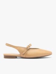 Beżowe czółenka bez pięty ze skóry licowej. Brązowe czółenka damskie Ryłko, bez wzorów, ze skóry, z okrągłym noskiem, bez obcasa. Za 349.99 zł.