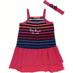 Zestaw w kolorze granatowym ze wzorem. Niebieskie sukienki niemowlęce Little Marcel, w paski, z materiału, midi, rozkloszowane. W wyprzedaży za 49.95 zł.