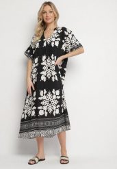 Czarna Sukienka Pudełkowa z Wiskozy z Dekoltem w Serek w Etniczny Wzór Abrellis. Czarne sukienki damskie Born2be, bez wzorów, z wiskozy, eleganckie, bez ramiączek. Za 99.99 zł.