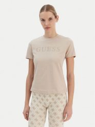 Guess T-Shirt V6RI20 J1314 Beżowy Regular Fit. Brązowe t-shirty damskie Guess, s, z aplikacjami, z bawełny, bez kołnierzyka. Za 159.99 zł.