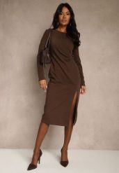 Brązowa Sukienka Bodycon z Bawełną i Paskami z Klamrami z Boku Esenelia. Brązowe sukienki damskie Renee, bez wzorów, z bawełny, klasyczne, bez ramiączek. Za 139.99 zł.