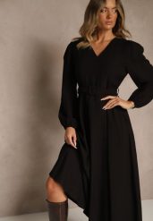 Czarna Rozkloszowana Sukienka z Wiskozy z Paskiem ze Sprzączką Orille. Czarne sukienki damskie Renee, bez wzorów, z materiału, bez ramiączek. Za 159.99 zł.