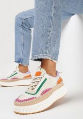 Beżowe Sneakersy na Platformie z Tweedową Wstawką Nanelwi. Brązowe obuwie sportowe damskie Born2be, bez zapięcia. Za 119.99 zł.