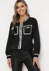 Czarna Koszula z Broszką z Kokardką i Ozdobnymi Lamówkami Evelima. Czarne koszule damskie Born2be, m, bez wzorów, bez kołnierzyka, bez ramiączek. Za 139.99 zł.