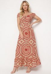 Beżowo-Czerwona Wiskozowa Sukienka o Rozkloszowanym Kroju z Wiązaniem przy Dekolcie i Gumką w Talii Wicia. Brązowe sukienki damskie Born2be, bez wzorów, z wiskozy, eleganckie, bez ramiączek. Za 69.99 zł.