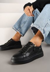 Czarne Sneakersy ze Skóry Naturalnej ze Skórzaną Wkładką i Perforacją Falothra. Czarne obuwie sportowe damskie Renee, z jeansu, bez zapięcia. Za 159.99 zł.