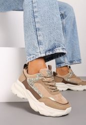 Ciemnobeżowe Sneakersy na Grubej Tłoczonej Podeszwie z Cekinami Narelis. Brązowe obuwie sportowe damskie Born2be, z materiału, bez zapięcia. Za 109.99 zł.