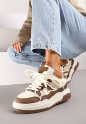 Brązowo-Beżowe Sznurowane Sneakersy na Płaskiej Podeszwie Eviline. Brązowe obuwie sportowe damskie Renee, z materiału, bez zapięcia. Za 99.99 zł.