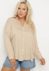 Beżowa Koszula z Wiskozą w Drobne Hafty Navellea. Brązowe koszule damskie Born2be, plus size, bez wzorów, z jeansu, eleganckie, bez kołnierzyka, plus size, bez ramiączek. Za 84.99 zł.