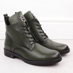 Botki damskie sznurowane i na zamek zielone Potocki SZ12179. Zielone botki damskie POTOCKI, ze skóry ekologicznej, bez obcasa, bez zapięcia. Za 189.99 zł.