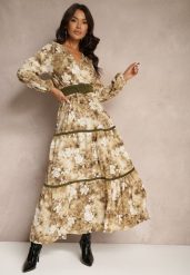 Beżowa Sukienka Rozkloszowana z Kopertowym Dekoltem Falbanami i Paskiem Fezisha. Brązowe sukienki damskie Renee, bez wzorów, eleganckie, bez ramiączek. W wyprzedaży za 99.99 zł.