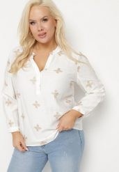 Biała Koszula z Wiskozą Zdobiona Haftem z Metaliczną Nicią Parlivia. Białe koszule damskie Born2be, plus size, z aplikacjami, z jeansu, eleganckie, bez kołnierzyka, plus size, bez ramiączek. Za 84.99 zł.