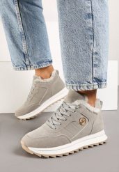 Szare Sneakersy na Platformie z Futerkiem Egiapia. Szare obuwie sportowe damskie Born2be, z jeansu, bez zapięcia. Za 129.99 zł.