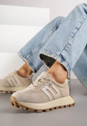 Beżowe Skórzane Sneakersy z Geometrycznym Motywem Melussea. Brązowe obuwie sportowe damskie Born2be, na wiosnę, z jeansu, bez zapięcia. Za 259.99 zł.