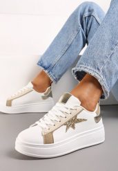 Biało-Beżowe Sneakersy na Platformie Ozdobione Gwiazdką z Brokatem Nislemia. Białe obuwie sportowe damskie Renee, z materiału, bez zapięcia. Za 69.99 zł.