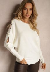 Jasnobeżowy Sweter z Wiskozą Ozdobiony Wycięciami na Rękawach Evathia. Brązowe swetry klasyczne damskie Renee, z jeansu, bez kołnierzyka. Za 79.99 zł.