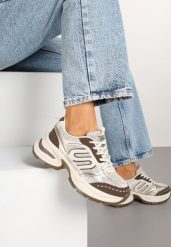 Beżowo-Brązowe Sneakersy na Platformie z Tłoczeniem z Geometrycznym Motywem Delothiel. Brązowe obuwie sportowe damskie Renee, z jeansu, bez zapięcia. Za 99.99 zł.